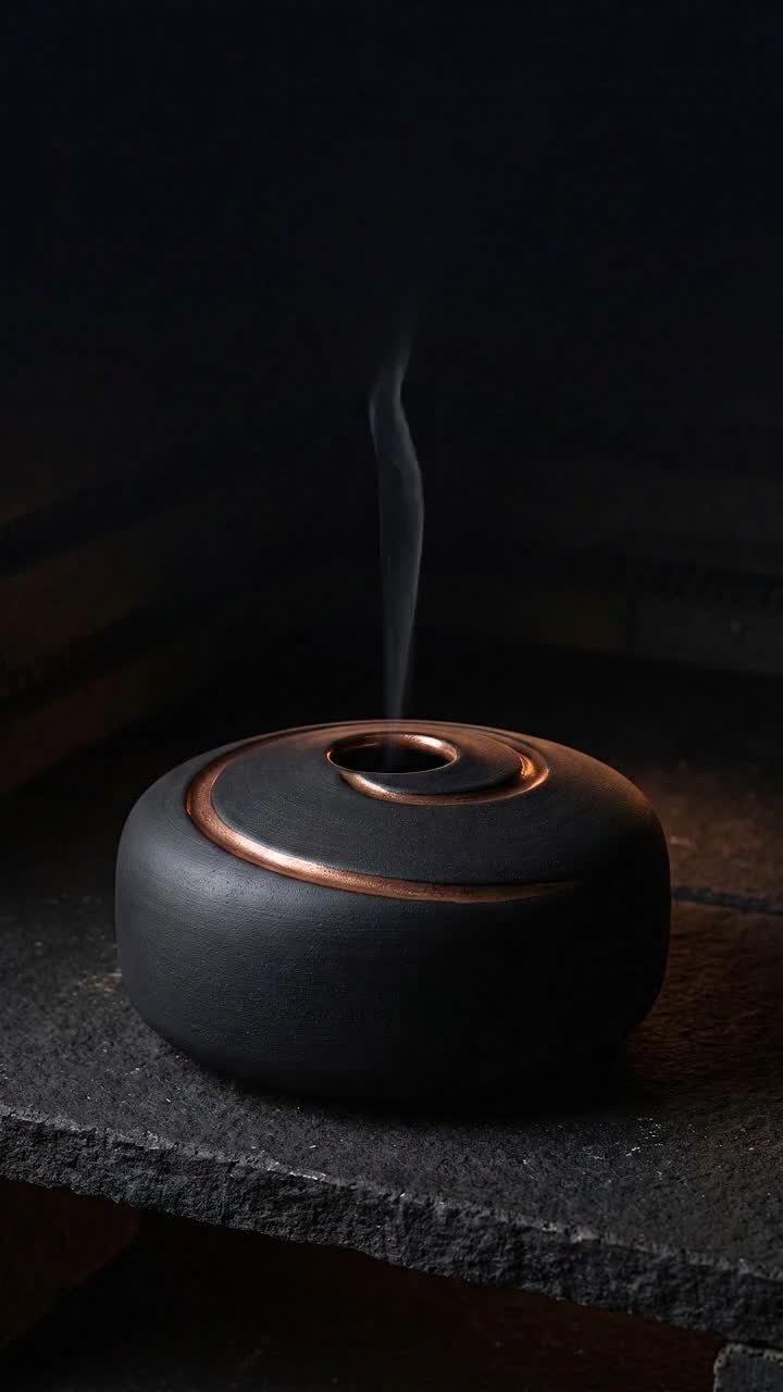 A low charcoal ceramic incense vessel with copper channels on a dark kiln shelf.